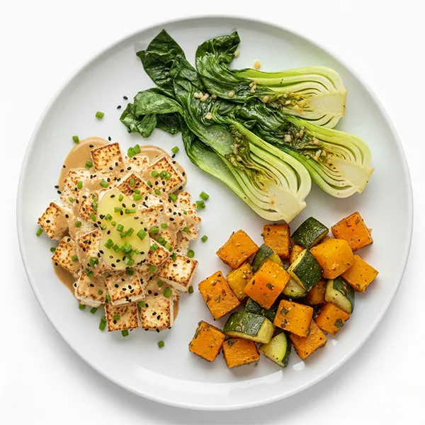 Sesame ginger cottage cheese with garlic bok choy and squash mix